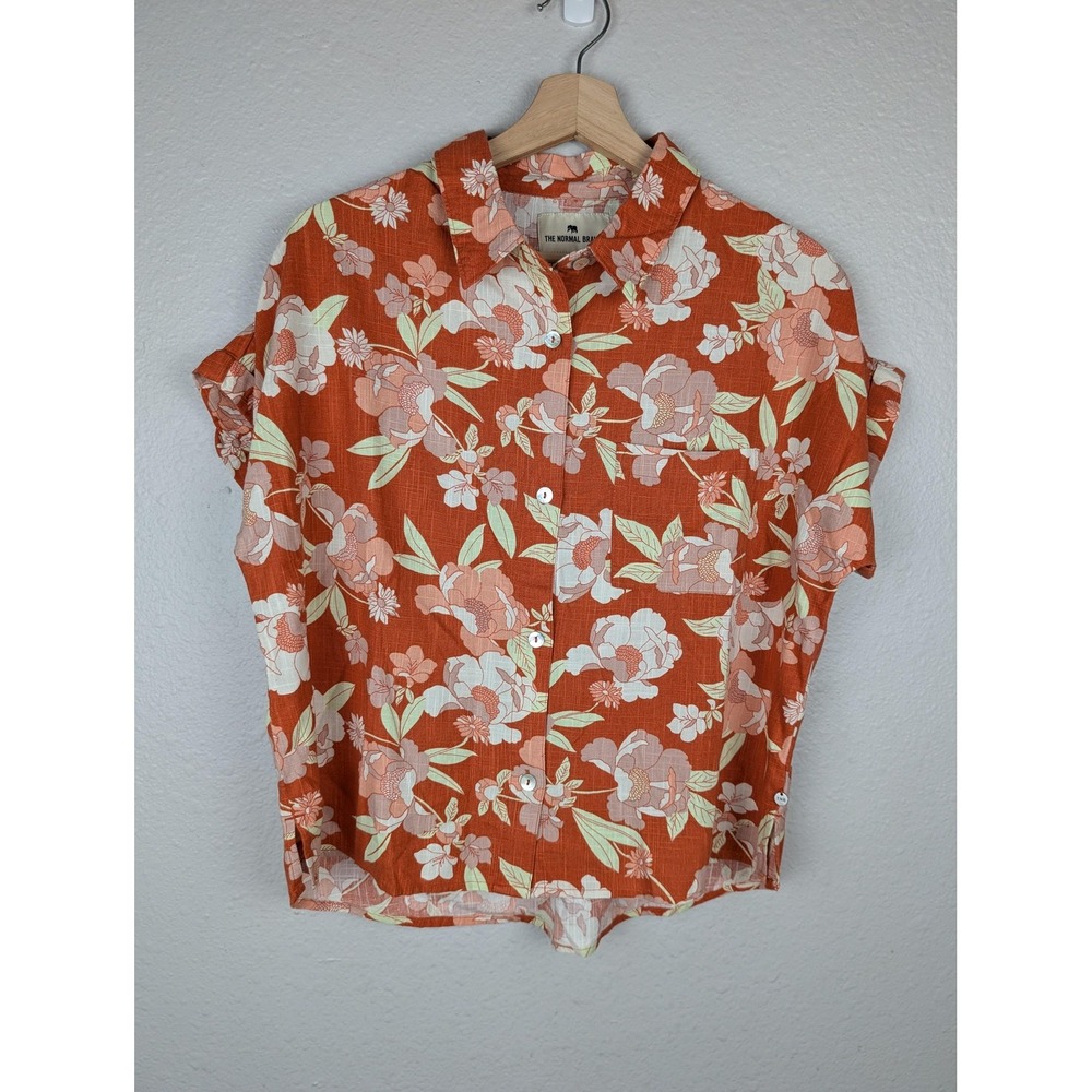 The Normal Brand Shirt Mens Small Orange Floral Short Sleeve Button Top
